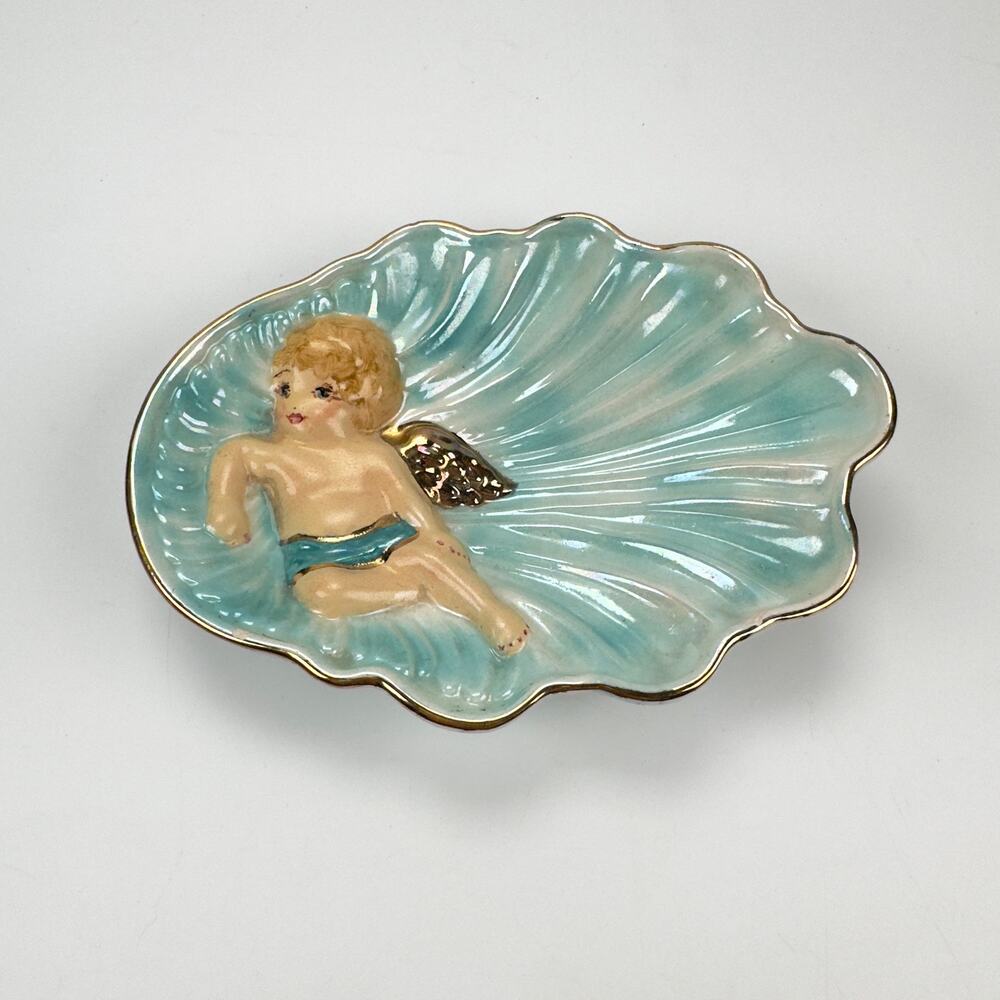 Vintage Hand Painted Angel Blue Trinket Jewelry Dish